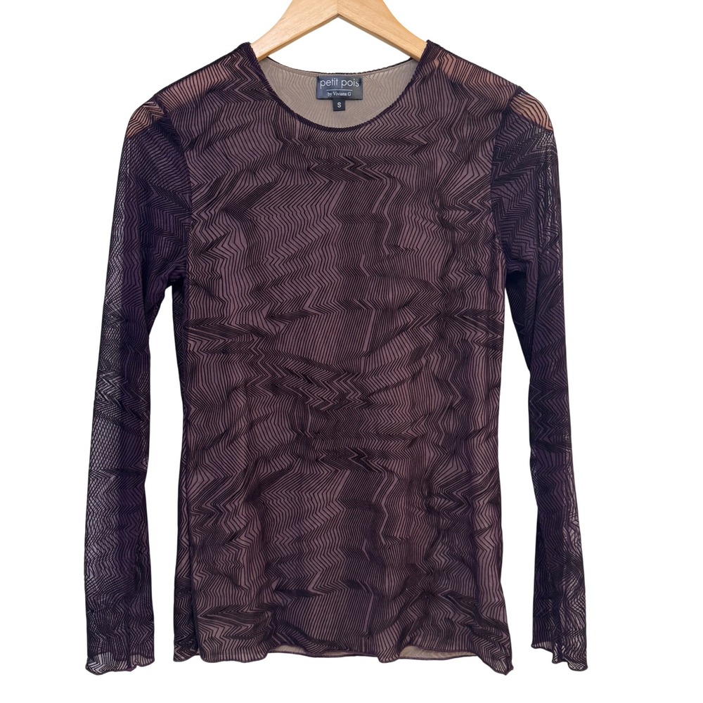 Petit Pois by‎ Viviana G Top Small Purple Geometric Mesh Long Sleeve Sheer Indie